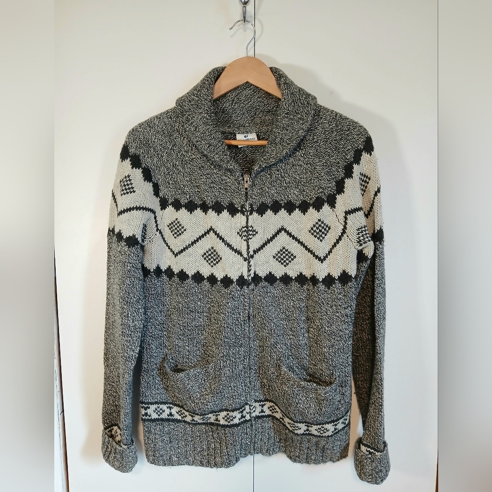 WindRiver Women’s Full Zip Knit Cardi Sweater Lg Gray Wool Blend Nordic Patten